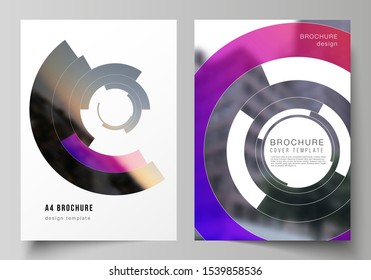 The vector layout of A4 format modern cover mockups design templates for brochure, magazine, flyer, report. Futuristic design circular pattern, circle elements forming geometric frame for photo.