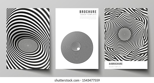 Vector layout of A4 format modern cover mockups design templates for brochure, magazine, flyer, booklet, report. Abstract 3D geometrical background with optical illusion black and white design pattern
