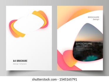 Vector layout of A4 format modern cover mockups design templates for brochure, magazine, flyer, booklet, report. Yellow color gradient abstract dynamic shapes, colorful geometric template design.