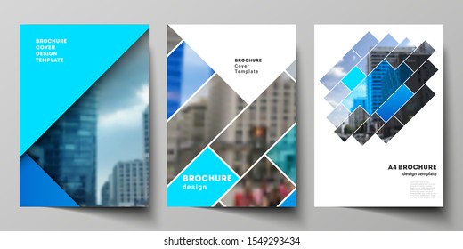 The vector layout of A4 format modern cover mockups design templates for brochure, magazine, flyer, booklet, annual report. Abstract geometric pattern creative modern blue background with rectangles.