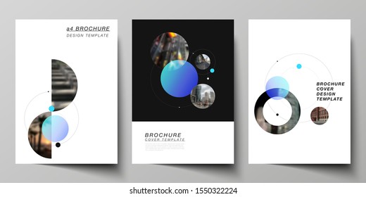 Vector layout of A4 format modern cover mockups design templates for brochure, flyer, booklet. Simple design futuristic concept. Creative background with circles that form planets and stars.