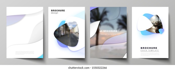 Vector layout of A4 format modern cover mockups design templates for brochure, magazine, flyer, booklet, annual report. Blue color gradient abstract dynamic shapes, colorful geometric template design.