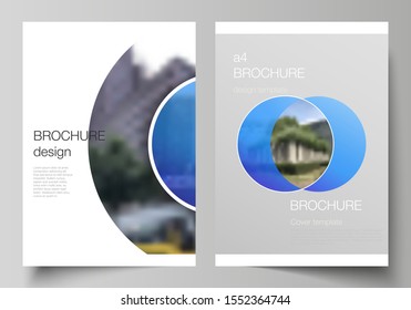 The vector layout of A4 format modern cover mockups design templates for brochure, magazine, flyer, booklet, annual report. Creative modern blue background with circles and round shapes.