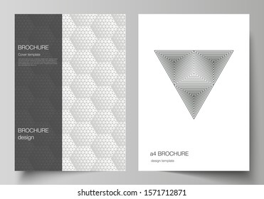 Vector layout of A4 format modern cover mockups design templates for brochure, magazine, flyer, booklet, report. Abstract geometric triangle design background using different triangular style patterns