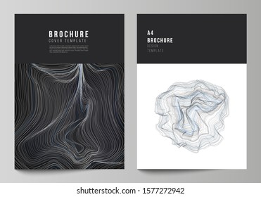The vector layout of A4 format modern cover mockups design templates for brochure, magazine, flyer, booklet, annual report. Smooth smoke wave, hi-tech concept black color techno background.