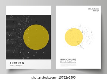 Vector layout of A4 format modern cover mockups design templates for brochure, magazine, flyer, report. Science or technology 3d background with dynamic particles. Chemistry and science concept.