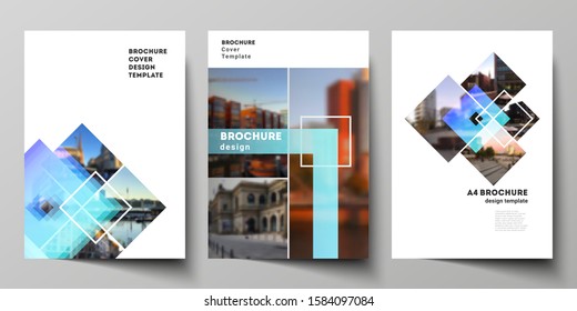 The vector layout of A4 format modern cover mockups design templates for brochure, magazine, flyer, booklet, annual report. Creative trendy style mockups, blue color trendy design backgrounds.