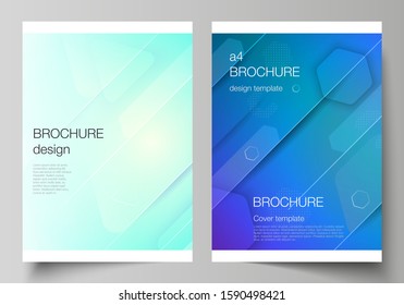 Vector layout of A4 format modern cover mockups design templates for brochure, magazine, flyer, booklet. Futuristic technology design, colorful backgrounds with fluid gradient shapes composition.