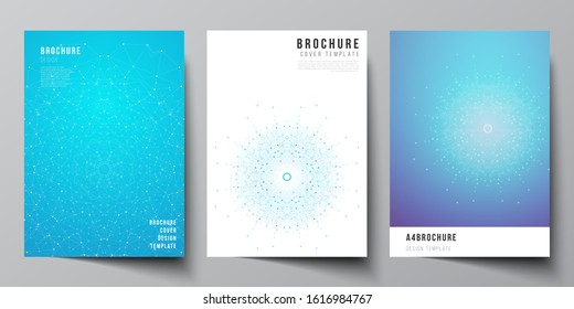 Vector layout of A4 format modern cover mockup design templates for brochure, magazine, flyer, booklet, report. Big Data Visualization, geometric communication background with connected lines and dots