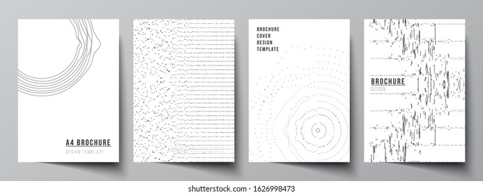 The vector layout of A4 format modern cover mockups design templates for brochure, magazine, flyer, booklet. Trendy modern science or technology background with dynamic particles. Cyberspace grid.