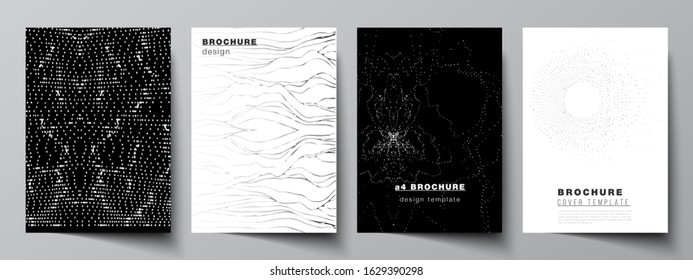 The vector layout of A4 format modern cover mockups design templates for brochure, magazine, flyer, booklet. Trendy modern science or technology background with dynamic particles. Cyberspace grid.