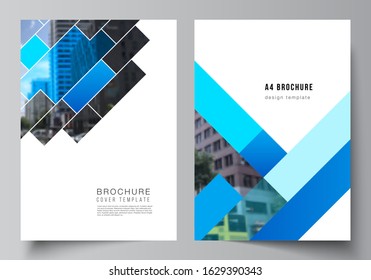The vector layout of A4 format modern cover mockups design templates for brochure, magazine, flyer, booklet, annual report. Abstract geometric pattern creative modern blue background with rectangles.
