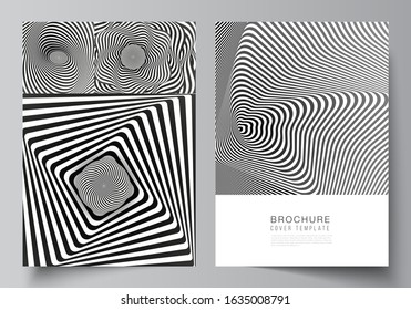 Vector layout of A4 format modern cover mockups design templates for brochure, magazine, flyer, booklet, report. Abstract 3D geometrical background with optical illusion black and white design pattern