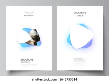 Vector layout of A4 format modern cover mockups design templates for brochure, magazine, flyer, booklet, annual report. Blue color gradient abstract dynamic shapes, colorful geometric template design.