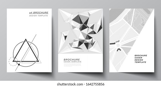 Vector layout of A4 format modern cover mockups design templates for brochure, magazine, flyer, booklet, report. Abstract geometric triangle design background using different triangular style patterns