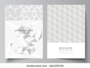 Vector layout of A4 format modern cover mockups design templates for brochure, magazine, flyer, booklet, report. Abstract geometric triangle design background using different triangular style patterns