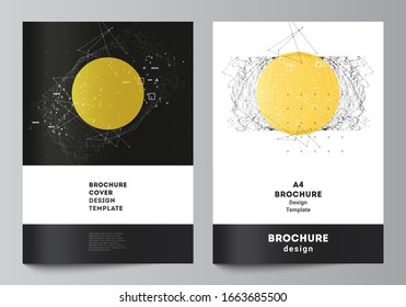 Vector layout of A4 format modern cover mockups design templates for brochure, magazine, flyer, report. Science or technology 3d background with dynamic particles. Chemistry and science concept.