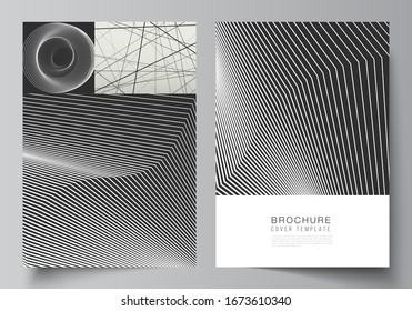 Vector layout of A4 format modern cover mockups design templates for brochure, flyer, booklet, report. Geometric abstract background, futuristic science and technology concept for minimalistic design.