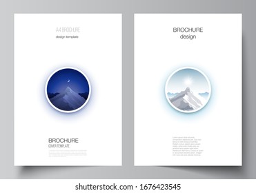 Vector layout of A4 format modern cover mockups design templates for brochure, magazine, flyer, booklet, report. Mountain illustration, outdoor adventure. Travel concept background. Flat design vector