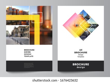 The vector layout of A4 format modern cover mockups design templates for brochure, magazine, flyer, booklet, annual report. Creative trendy style mockups, blue color trendy design backgrounds.