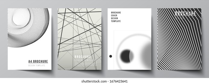 Vector layout of A4 format modern cover mockups design templates for brochure, flyer, booklet, report. Geometric abstract background, futuristic science and technology concept for minimalistic design.