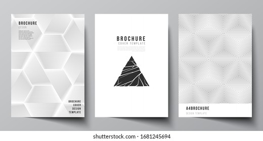 Vector layout of A4 format modern cover mockups design templates for brochure, magazine, flyer, booklet, report. Abstract geometric triangle design background using different triangular style patterns