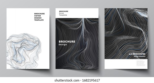The vector layout of A4 format modern cover mockups design templates for brochure, magazine, flyer, booklet, annual report. Smooth smoke wave, hi-tech concept black color techno background.
