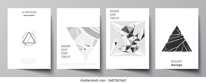 Vector layout of A4 format modern cover mockups design templates for brochure, magazine, flyer, booklet, report. Abstract geometric triangle design background using different triangular style patterns