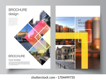 The vector layout of A4 format modern cover mockups design templates for brochure, magazine, flyer, booklet, annual report. Creative trendy style mockups, blue color trendy design backgrounds.