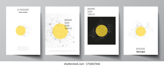 Vector layout of A4 format modern cover mockups design templates for brochure, magazine, flyer, report. Science or technology 3d background with dynamic particles. Chemistry and science concept.