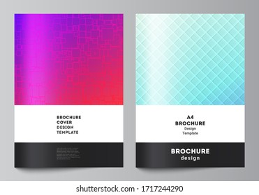 The vector layout of A4 format modern cover mockups design templates for brochure, magazine, flyer, booklet, annual report. Abstract geometric pattern with colorful gradient business background.