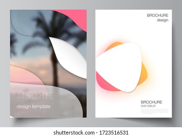 Vector layout of A4 format modern cover mockups design templates for brochure, magazine, flyer, booklet, report. Yellow color gradient abstract dynamic shapes, colorful geometric template design.