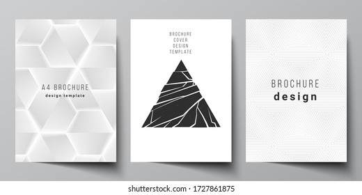 Vector layout of A4 format modern cover mockups design templates for brochure, magazine, flyer, booklet, report. Abstract geometric triangle design background using different triangular style patterns