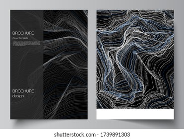 The vector layout of A4 format modern cover mockups design templates for brochure, magazine, flyer, booklet, annual report. Smooth smoke wave, hi-tech concept black color techno background.