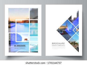 The vector layout of A4 format modern cover mockups design templates for brochure, magazine, flyer, booklet, annual report. Creative trendy style mockups, blue color trendy design backgrounds.