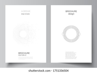 Vector layout of A4 format modern cover mockups design templates for brochure, magazine, flyer, booklet, report. Trendy modern science or technology background with dynamic particles. Cyberspace grid.