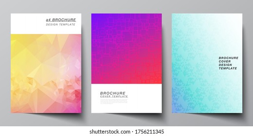 The vector layout of A4 format modern cover mockups design templates for brochure, magazine, flyer, booklet, annual report. Abstract geometric pattern with colorful gradient business background.
