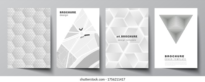 Vector layout of A4 format modern cover mockups design templates for brochure, magazine, flyer, booklet, report. Abstract geometric triangle design background using different triangular style patterns