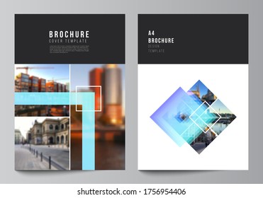 The vector layout of A4 format modern cover mockups design templates for brochure, magazine, flyer, booklet, annual report. Creative trendy style mockups, blue color trendy design backgrounds.