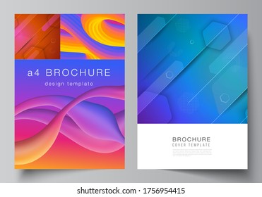 Vector layout of A4 format modern cover mockups design templates for brochure, magazine, flyer, booklet. Futuristic technology design, colorful backgrounds with fluid gradient shapes composition.