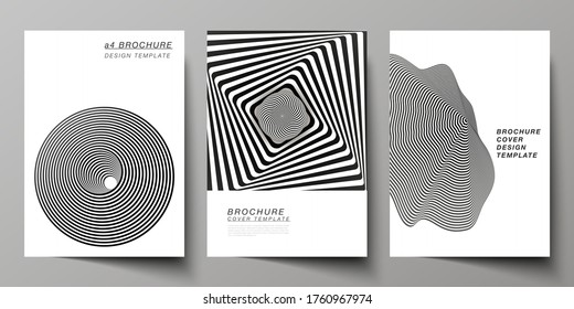 Vector layout of A4 format modern cover mockups design templates for brochure, magazine, flyer, booklet, report. Abstract 3D geometrical background with optical illusion black and white design pattern