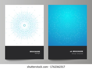Vector layout of A4 format modern cover mockup design templates for brochure, magazine, flyer, booklet, report. Big Data Visualization, geometric communication background with connected lines and dots