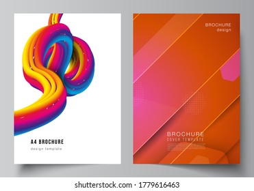 Vector layout of A4 format modern cover mockups design templates for brochure, magazine, flyer, booklet. Futuristic technology design, colorful backgrounds with fluid gradient shapes composition.