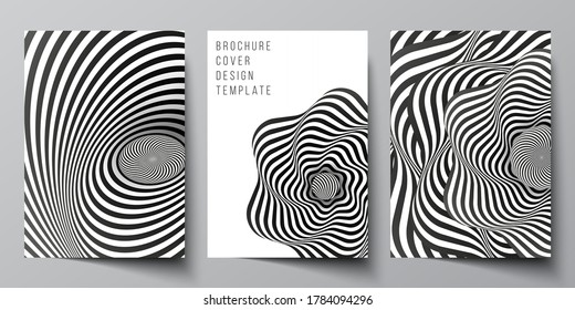 Vector layout of A4 format modern cover mockups design templates for brochure, magazine, flyer, booklet, report. Abstract 3D geometrical background with optical illusion black and white design pattern