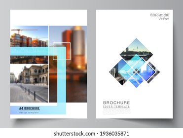The vector layout of A4 format modern cover mockups design templates for brochure, magazine, flyer, booklet, annual report. Creative trendy style mockups, blue color trendy design backgrounds.