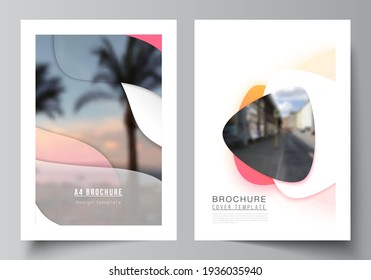 Vector layout of A4 format modern cover mockups design templates for brochure, magazine, flyer, booklet, report. Yellow color gradient abstract dynamic shapes, colorful geometric template design.