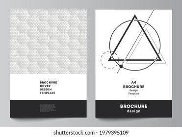 Vector layout of A4 format modern cover mockups design templates for brochure, magazine, flyer, booklet, report. Abstract geometric triangle design background using different triangular style patterns