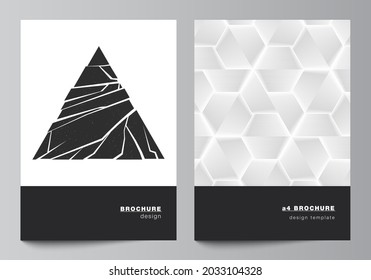 Vector layout of A4 format modern cover mockups design templates for brochure, magazine, flyer, booklet, report. Abstract geometric triangle design background using different triangular style patterns