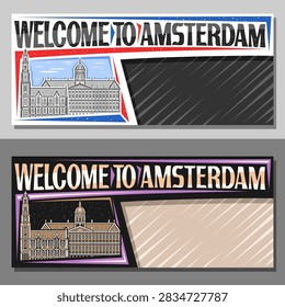 Vector layout for Amsterdam with copyspace, decorative invitation with illustration of amsterdam cityscape on day and nighttime sky background, art design tourist card with word welcome to amsterdam
