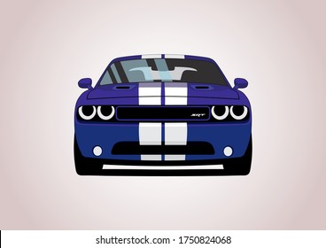 vector layout of a blue muscle car, front view. Dodge Challenger.